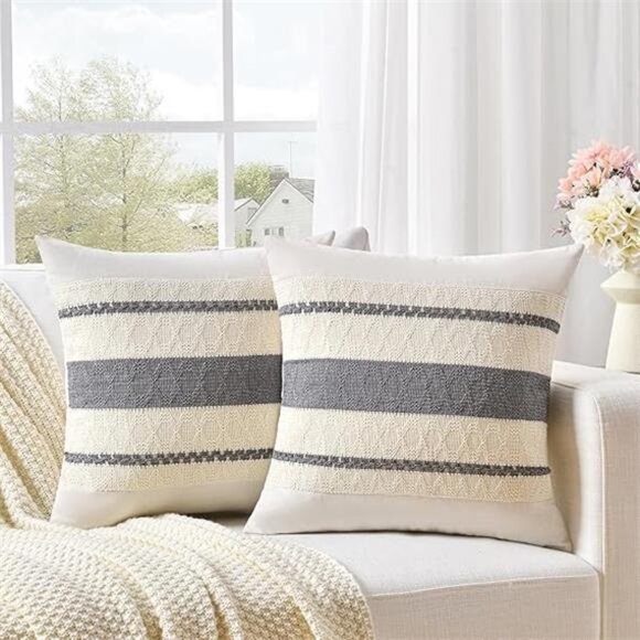 Fancy Homi Set of 2 Neutral Grey Farmhouse Decorative Throw Pillow Covers 18x18 - Picture 8 of 8